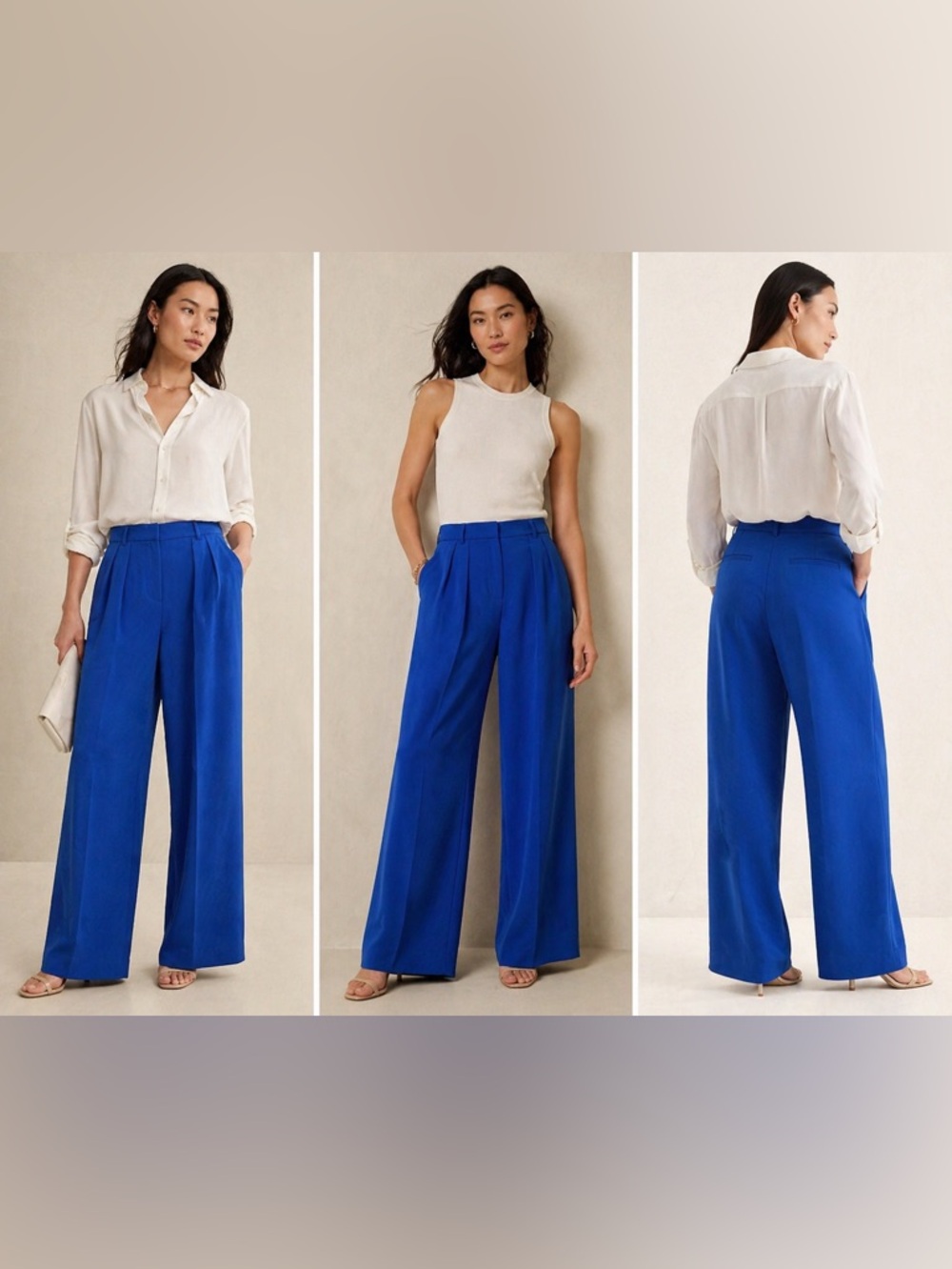 BR Pleated Wide Leg Pants Blue High Waist Trouser